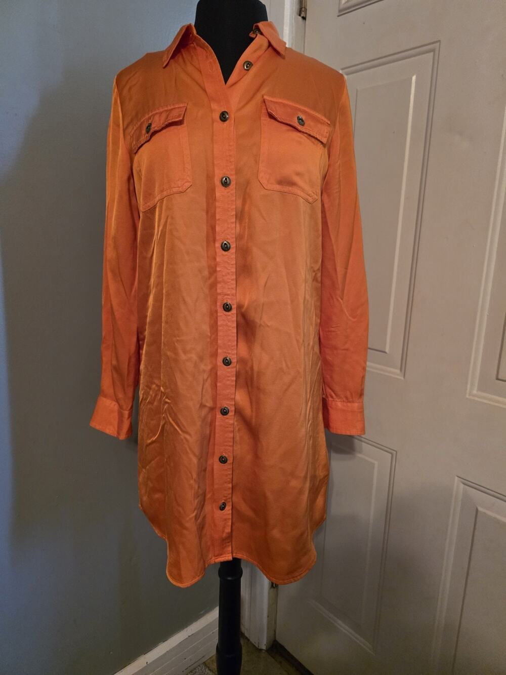 Lauren Ralph Lauren Woman LS Button Down Shirt Dress Orange Satin 10P Luxury